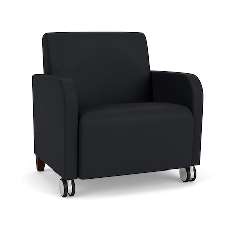 Lesro Siena Lounge Reception Wide Guest Chair w/ Front Casters, Walnut Wood Back Legs, MD Black Uph SN1201